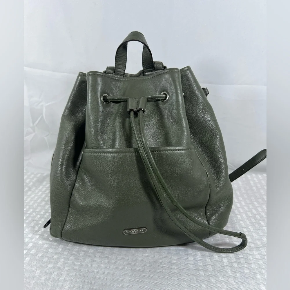 4019: Coach Olive Green Pebbled Leather Drawstring Backpack